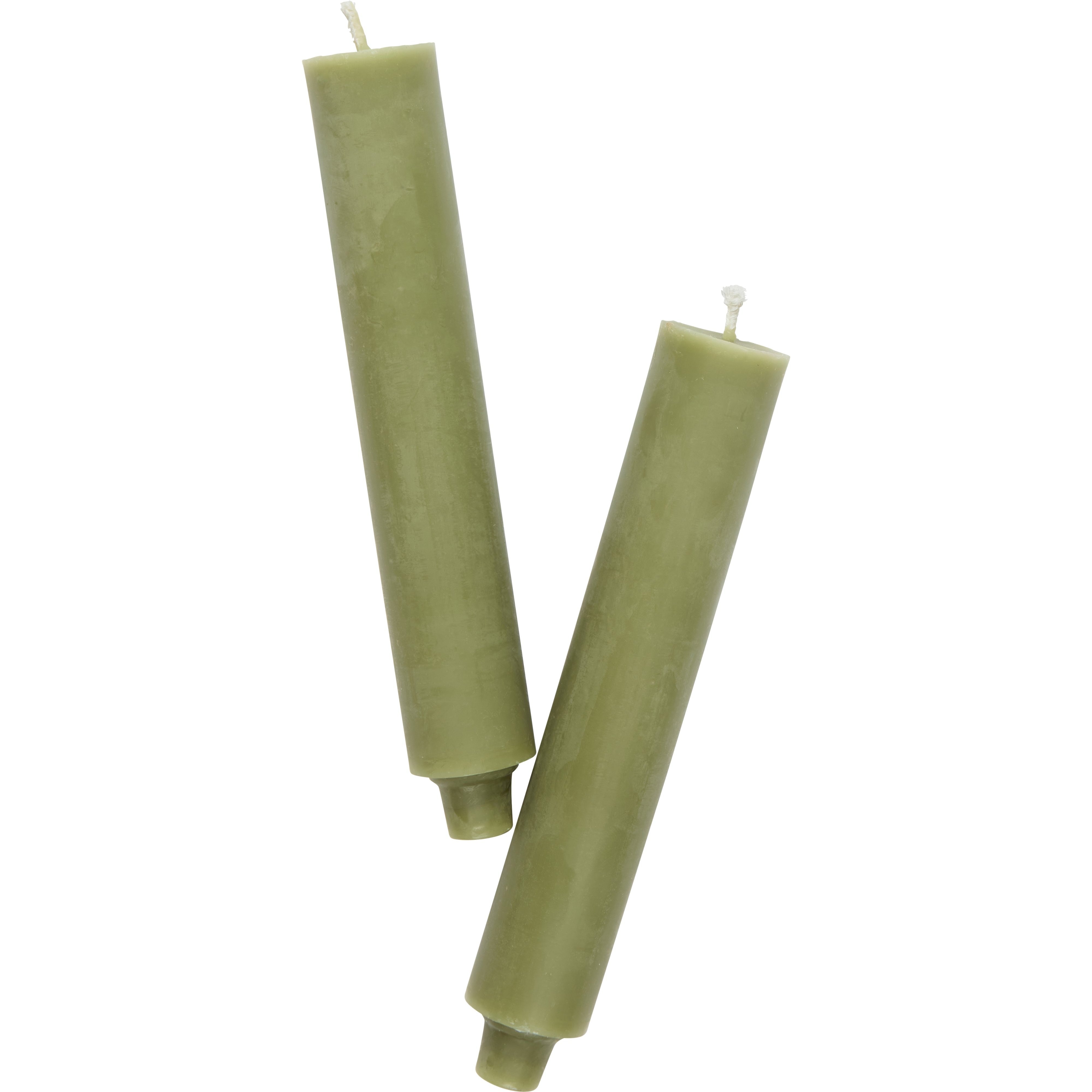 Nina Campbell sage green dinner candles on white background 