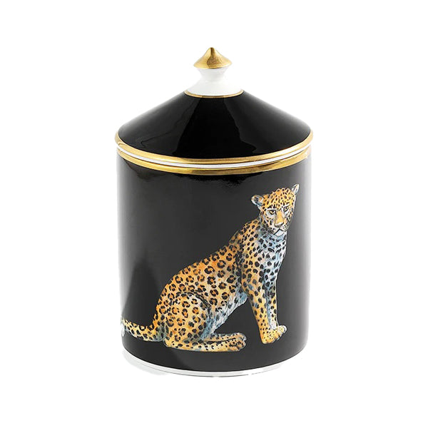 Nina Campbell Halcyon Days Leopard Black Jasmine Lidded Candle on white background 