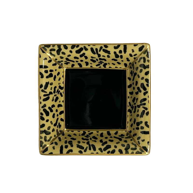 Nina Campbell ceramic square tray with leopard print top view against a white background