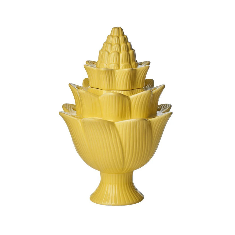 Nina Campbell small yellow ceramic tulipiere against a white background