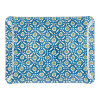Nina Campbell Fabric Tray Small Batik Dots Blue/Green against a white background