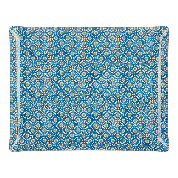 Nina Campbell Fabric Tray Large Batik Dots Blue/Green against a white background