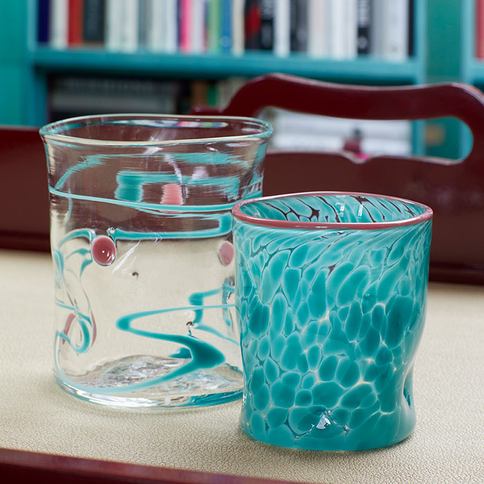 Nina Campbell Wonkie Jimmie Juice Glass Teal with wackie dot glass