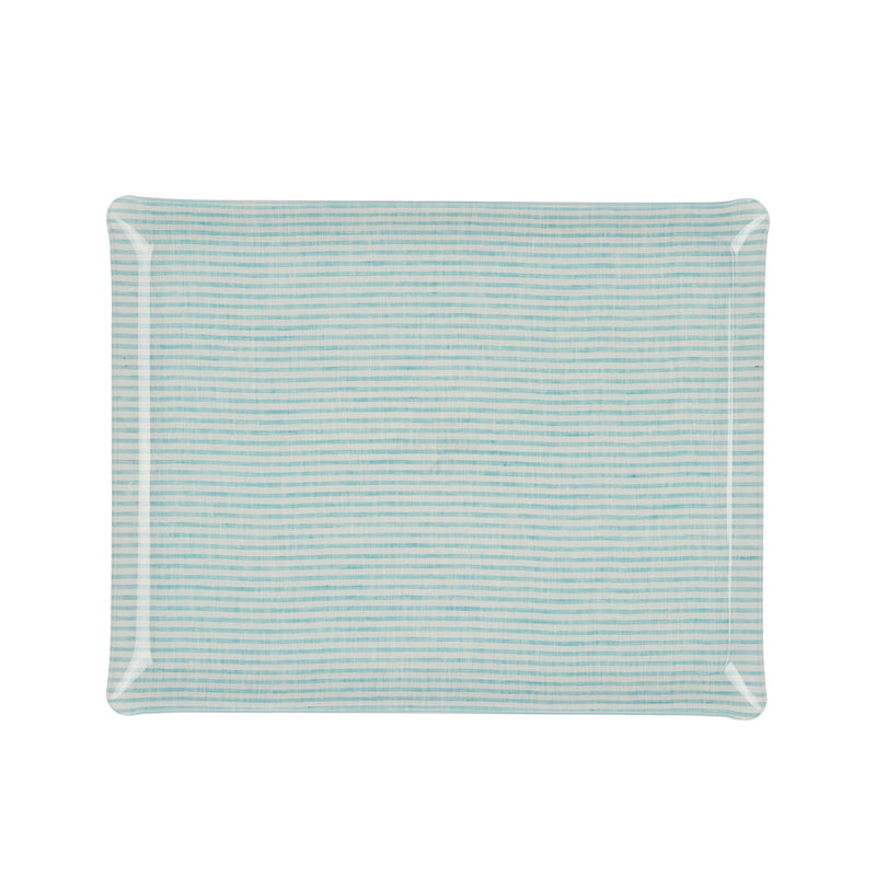 Nina Campbell Fabric Tray Large Stripe Aqua and White against a white background